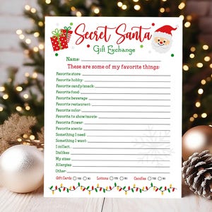 May include: A white printable Secret Santa gift exchange card with a red and white Santa hat and a red gift box. The card has a list of questions to help you learn about your Secret Santa recipient's favorite things, including their favorite store, hobby, candy, food, beverage, restaurant, color, TV show, flower, scents, and more. The card also includes a section for gift ideas, such as gift cards, lotions, and candles.