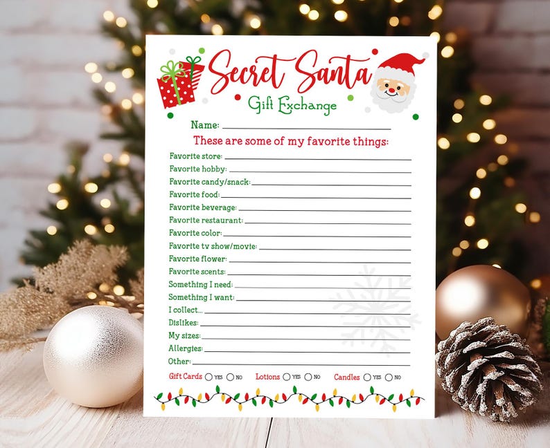 May include: A white printable Secret Santa gift exchange card with a red and white Santa hat and a red gift box. The card has a list of questions to help you learn about your Secret Santa recipient's favorite things, including their favorite store, hobby, candy, food, beverage, restaurant, color, TV show, flower, scents, and more. The card also includes a section for gift ideas, such as gift cards, lotions, and candles.