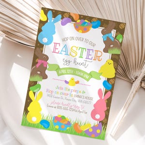 Easter Egg Hunt digital printable invitation with Easter candy frame in pastel colors.