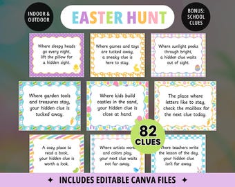 Easter Scavenger Hunt for Kids, Indoor Outdoor, School Easter Printable Game, Editable Canva, Egg Hunt Party, Kids Easter Activity, 82 Clues