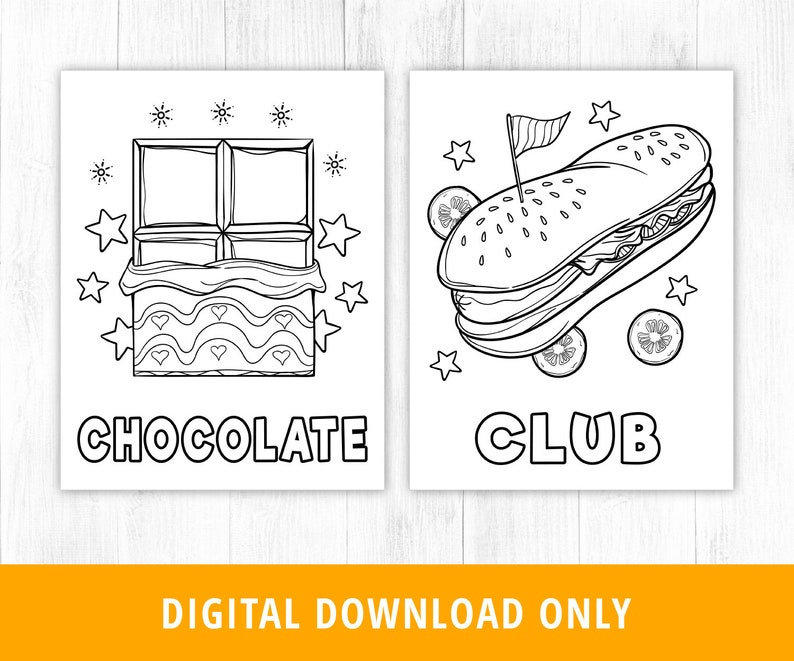May include: Black and white colouring page featuring two images. The first image is a chocolate bar with a heart pattern. The second image is a club sandwich with a flag on top. The text "CHOCOLATE" and "CLUB" are below each image.