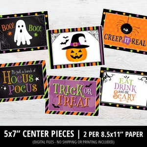 May include: Set of eight 5x7 inch printable Halloween party signs with black, orange, green, and purple stripes and polka dots. The signs feature text such as "Boo!", "Hocus Pocus", "Trick or Treat", "Creep It Real", and "Eat Drink and Be Scary".