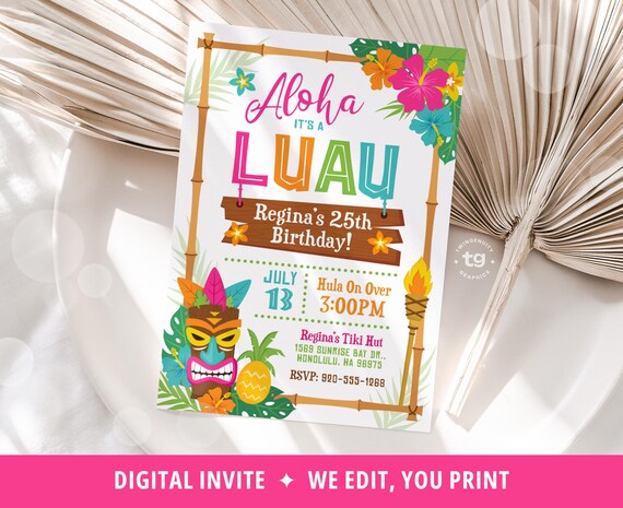 Luau Invitation, Luau Birthday Invite, Luau Tiki Party Invitation, Hawaiian Invitation, Luau Party, Tropical, Aloha, Summer Beach DIGITAL