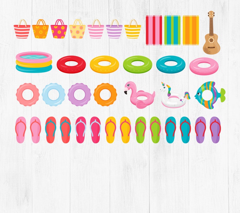 May include: A set of colorful summer themed clipart featuring beach towels, flip flops, pool floats, and beach bags. The clipart includes a flamingo, unicorn, and fish pool float, as well as a ukulele.
