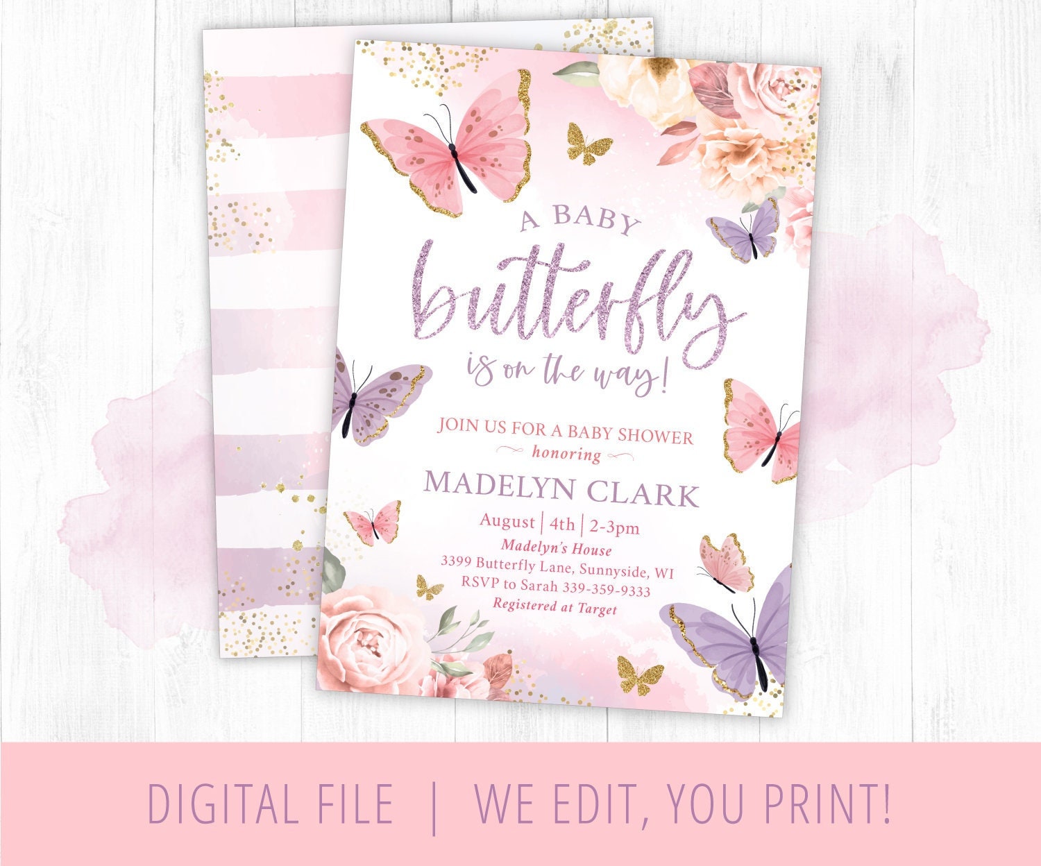 Butterfly Girl Baby Shower Invitation Purple Butterfly Baby Etsy