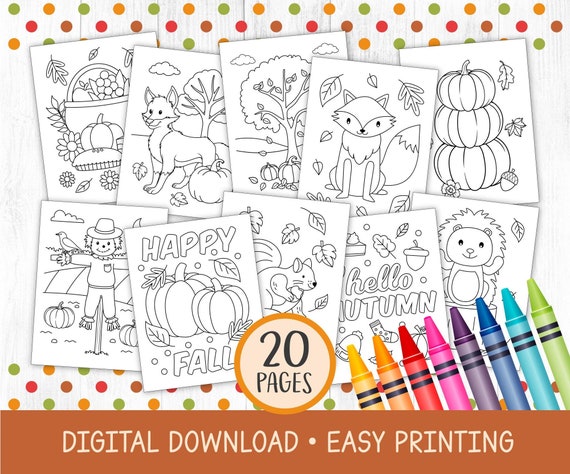 Fall Coloring Pages For Kids, Autumn Coloring Book, Fall Kids Classroom Activity, Pumpkin, Thanksgiving, Fox, Squirrel, Deer, Printable PDF