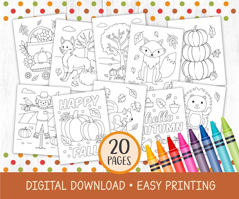 Fall coloring pages for kids. The page include pumpkins, fox, scarecrow, trees, birds, and more.