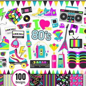 Op de afbeelding: Een verzameling digitale illustraties met een jaren 80-thema, waaronder een boombox, cassettebandjes, rolschaatsen, hoge sneakers, een Rubik's cube, een draagbare spelcomputer, zonnebrillen en de tekst I Love The 80s in felle neonkleuren.