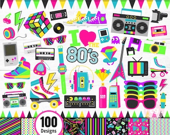 80s Clipart, Neon 80s Clipart Bundle, Roller Skates Clipart, 1980, Retro, Neon, Digital Graphics, 80s Party, Cassette Tape, I Love 80s, PNG