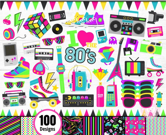 80s Clipart, Neon 80s Clipart Bundle, Roller Skates Clipart, 1980, Retro, Neon, Digital Graphics, 80s Party, Cassette Tape, I Love 80s, PNG