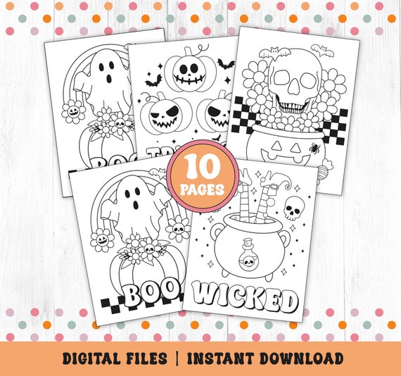 Retro Halloween Coloring Pages, Groovy Halloween Coloring Pages for Kids, Halloween Party, Spooky Coloring Sheet, Ghosts, Printable, DIGITAL