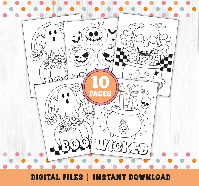 Groovy retro Halloween coloring pages printable for kids.