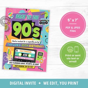 May include: A 5 inch by 7 inch digital invitation card featuring a colorful 90s theme with the text BACK TO THE 90'S, TAYLOR'S 25TH BIRTHDAY, SEPTEMBER 8TH AT 6:00PM-9:30PM, 2365 FLASHBACK DRIVE, ATLANTA, GA 69887, and RSVP BRANDON: 569-123-4567.