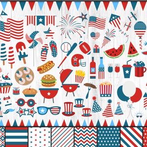 Vierter Juli Clipart, 4. Juli Clipart, Unabhängigkeitstag Clipart, patriotische Clipart, Sommer, Flagge, Feuerwerk, Essen, digitales Papier, PNG