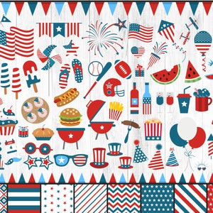 Fourth of July Clipart, 4th of July Clipart, Independence Day Clipart, Patriotic Clipart, Summer, Flag, Fireworks, Food, Digital Paper, PNG