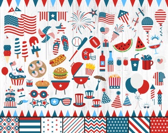 Fourth of July Clipart, 4th of July Clipart, Independence Day Clipart, Patriotic Clipart, Summer, Flag, Fireworks, Food, Digital Paper, PNG