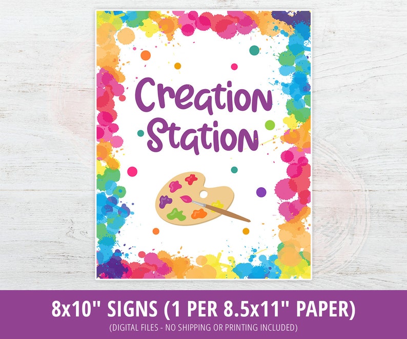 May include: A printable 8x10 inch sign with a colorful paint splatter border. The sign says "Creation Station" in purple text and features a paint palette with a paintbrush.