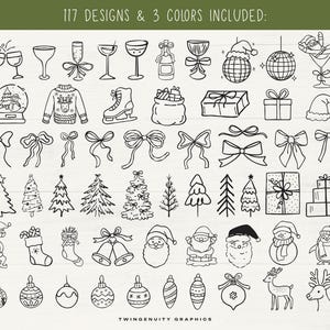 A display of the hand drawn clipart that includes drink glasses, disco balls, santa in a cocktail glass, snow globe, ugly sweater, skates, gifts, coquette bows, Christmas trees, stockings, elf, Santas, snowman, penguin, ornaments, and reindeer.