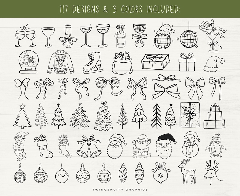 A display of the hand drawn clipart that includes drink glasses, disco balls, santa in a cocktail glass, snow globe, ugly sweater, skates, gifts, coquette bows, Christmas trees, stockings, elf, Santas, snowman, penguin, ornaments, and reindeer.