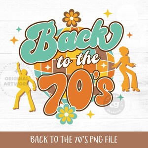Back to the 70's PNG Sublimation with a disco ball in the background and 2 disco dancers on each side.