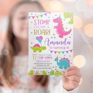 Invitación de cumpleaños de dinosaurio para niña, invitación de dinosaurio rosa, fiesta de dinosaurios, invitación de dinosaurio para niña, cumpleaños para niñas, invitación de T-Rex DIGITAL imagen 3