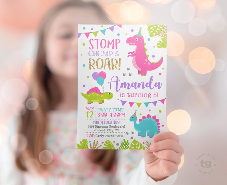 Invitación de cumpleaños de dinosaurio para niña, invitación de dinosaurio rosa, fiesta de dinosaurios, invitación de dinosaurio para niña, cumpleaños para niñas, invitación de T-Rex DIGITAL imagen 3