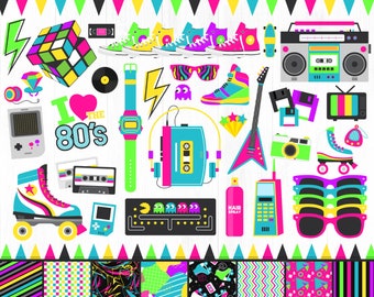 80s Clipart, Neon 80s Clipart Bundle, Roller Skates Clipart, 1980, Retro, Neon, Digital Graphics, 80s Party, Cassette Tape, I Love 80s, PNG