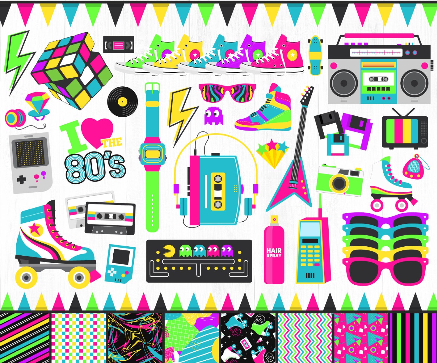 80s Clipart, Neon 80s Clipart Bundle, Roller Skates Clipart, 1980, Retro, Neon, Digital Graphics, 80s Party, Cassette Tape, I Love 80s, PNG