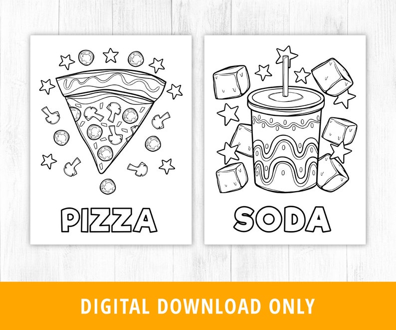 May include: Black and white colouring page featuring a slice of pizza with toppings and a glass of soda with ice cubes. The words "PIZZA" and "SODA" are written below each image.