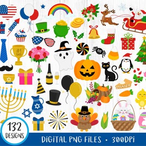 Wszystkie świąteczne grafiki wektorowe, Roczne uroczystości, Kalendarzowe grafiki wektorowe, Ikony świąteczne, Boże Narodzenie, Halloween, Naklejki cyfrowe, Natychmiastowe pobieranie, PNG