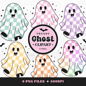 May include: A collection of six cartoon ghost clip art images in pastel colors, each with a checkered pattern. The ghosts have smiling faces and are surrounded by stars and bats. The text "Trendy Ghost Clipart" is in a circular design.