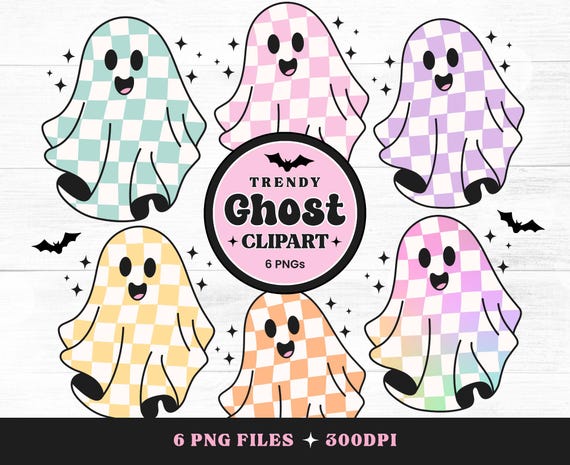 Retro Checkered Ghost Clipart: Neon Pastel Halloween PNG (Digital Download)