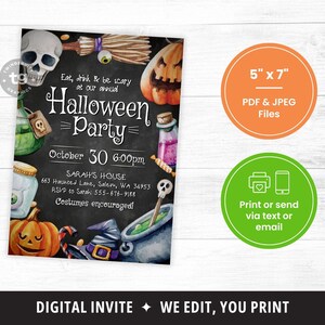 Halloween-Einladung, Halloween einladen, Essen, trinken, beängstigend sein einladen, Halloween-Party-Flyer, Halloween-Party einladen, Kürbisse, Schädel, DIGITAL Bild 3