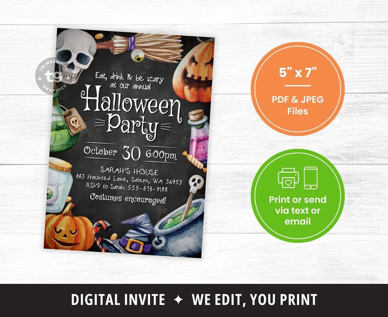 Halloween-Einladung, Halloween einladen, Essen, trinken, beängstigend sein einladen, Halloween-Party-Flyer, Halloween-Party einladen, Kürbisse, Schädel, DIGITAL Bild 3