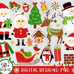 Clipart de Natal, Conjunto de Clipart de Férias, Clip Art de Natal Fofo, Papai Noel, Rena, Pinguim, Boneco de Neve, Pacote de Impressão de Natal, Digital, PNG