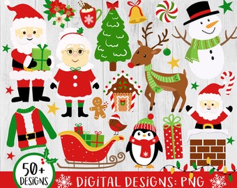 May include: A set of 50+ digital Christmas clip art designs in PNG format. The designs include Santa Claus, Mrs Claus, a snowman, a reindeer, a penguin, a gingerbread house, a sleigh, a Christmas tree, and more.