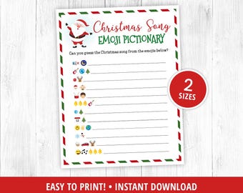May include: Printable Christmas game with a red and green striped border. The game is called "Christmas Song Emoji Pictionary". The game features a Santa Claus cartoon and instructions to guess the Christmas song from the emojis below.