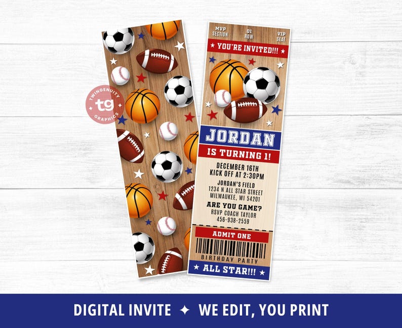 Sports Ticket Invite, Sports Invitation, Sports Birthday Party Invite, Sports invite, All Star Birthday Invite, Wood, Printable DIGITAL image 2