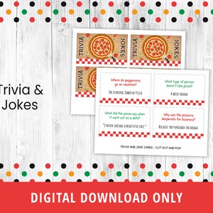 May include: Printable pizza-themed trivia and joke cards. The cards are red, white, and green with a checkered pattern. Each card features a pizza illustration and a question or joke. The text on the cards includes: "Where do pepperonis go on vacation?", "The Leaning Tower of Pizza", "What did the pizza say when it went out on a date?", "I never sausage a beautiful face.", "What type of person doesn't like pizza?", "A weth-dough", "Why was the pizzeria desperate for business?", "Because they kneaded the dough."