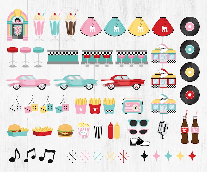 Puede incluir: Una colecci&oacute;n de ilustraciones digitales con iconos de estilo diner de los a&ntilde;os 50, incluyendo gramolas, batidos, faldas de caniche, discos de vinilo, coches cl&aacute;sicos, mostradores a cuadros, taburetes, hamburguesas, patatas y notas musicales.