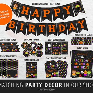 May include: Halloween-themed birthday party decorations in black, orange, green, and purple. The set includes a banner, cupcake toppers, straw flags, food tents, thank you tags, and signs. The text on the banner reads "Happy Birthday".