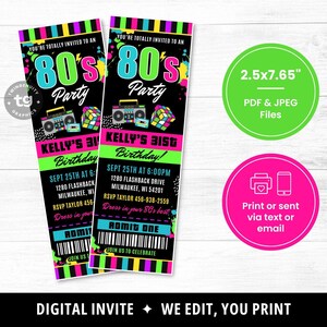 80s Ticket Invitation, 80s Birthday Invitation, 80s Birthday Party Invite, 1980's Birthday Party, 80s Party Ticket Invite, Printable DIGITAL image 3
