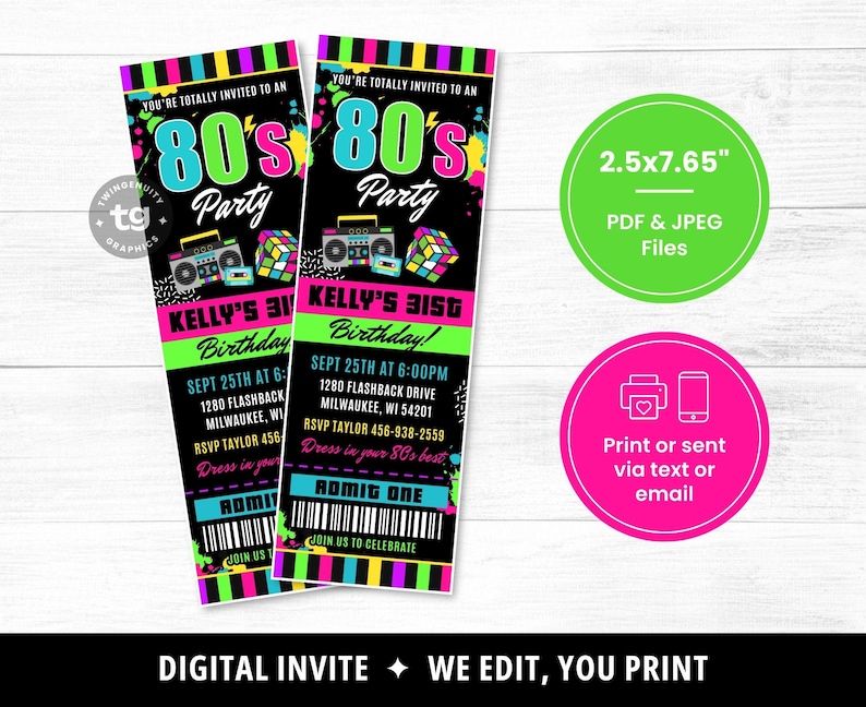80s Ticket Invitation, 80s Birthday Invitation, 80s Birthday Party Invite, 1980's Birthday Party, 80s Party Ticket Invite, Printable DIGITAL image 3