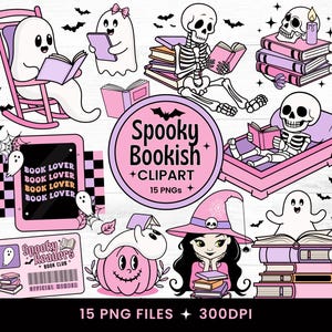May include: A digital clipart set with a spooky bookish theme. The illustrations feature ghosts, skeletons, and a witch reading books. The colour palette includes pink, purple, black, and white. The text in the image says "Spooky Bookish + Clipart" and "Book Lover".