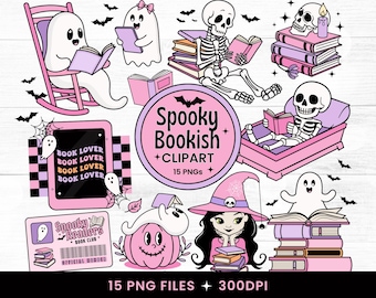 May include: A digital clipart set with a spooky bookish theme. The illustrations feature ghosts, skeletons, and a witch reading books. The color palette includes pink, purple, black, and white. The text in the image says "Spooky Bookish + Clipart" and "Book Lover".