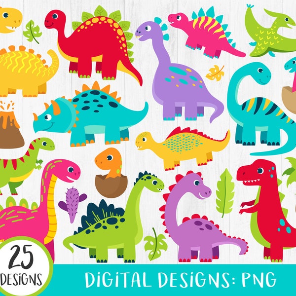 25 Dinosaur Clipart, Cute Dinos Clipart, Scrapbook printable Commercial Use. T-rex, Triceratops, brontosaurus, stegosaurus graphics PNG