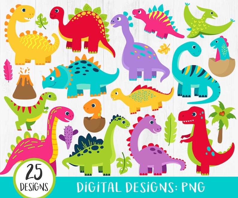 May include: A set of 25 digital designs featuring colorful cartoon dinosaurs, including a triceratops, stegosaurus, and brachiosaurus. The designs are perfect for creating invitations, party decorations, or other crafts.