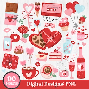 Valentinstag Clipart-Bundle, süße Valentinstag Clip Art, rosa, rot, Herzen, Schokolade Süßigkeiten, Valentinstag Klassenzimmer, Hochzeit, Scrapbook, PNG