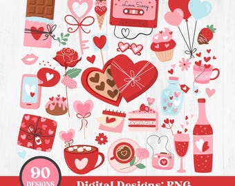 May include: A set of 90 Valentine's Day digital designs featuring hearts, flowers, candy, and other romantic elements. The designs are in a cartoon style and are perfect for creating cards, invitations, and other crafts.