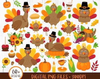 Thanksgiving Clipart, Turkey Clipart, Fall Autumn Clipart, Cute Turkey Graphics for Kids, 59 PNG Files + Digital Pattern Papers
